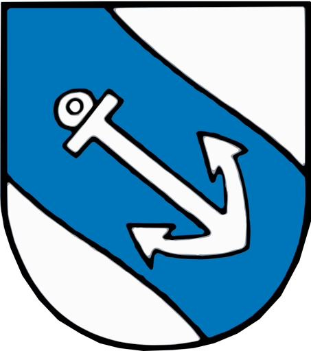 Das Wappen des Brochterbecker Heimatvereins mit einem schräg verlaufenden blauen Band auf weißem Grund. Im Zentrum liegt ein weißer Anker mit schwarzer Umrandung, der schräg von links unten nach rechts oben zeigt. Die Linien sind klar und einfach gehalten.
