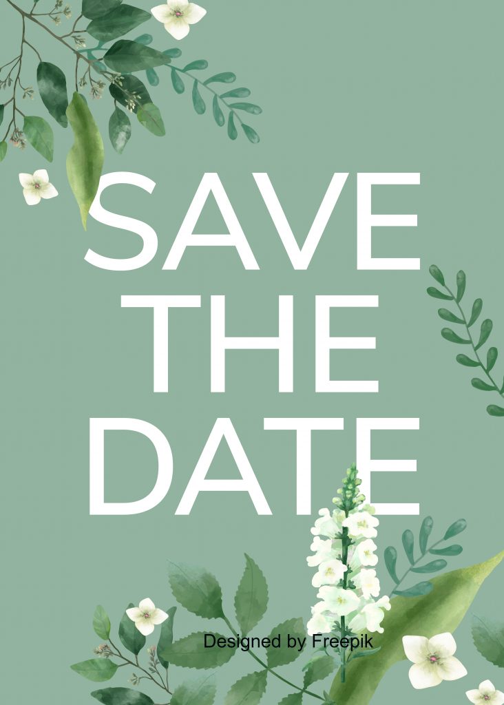 Große, weiße Großbuchstaben "Save the date" stehen zentriert auf grünem Hintergrund. Um den Text sind verschiedene grüne Blätter und weiße Blüten locker angeordnet.